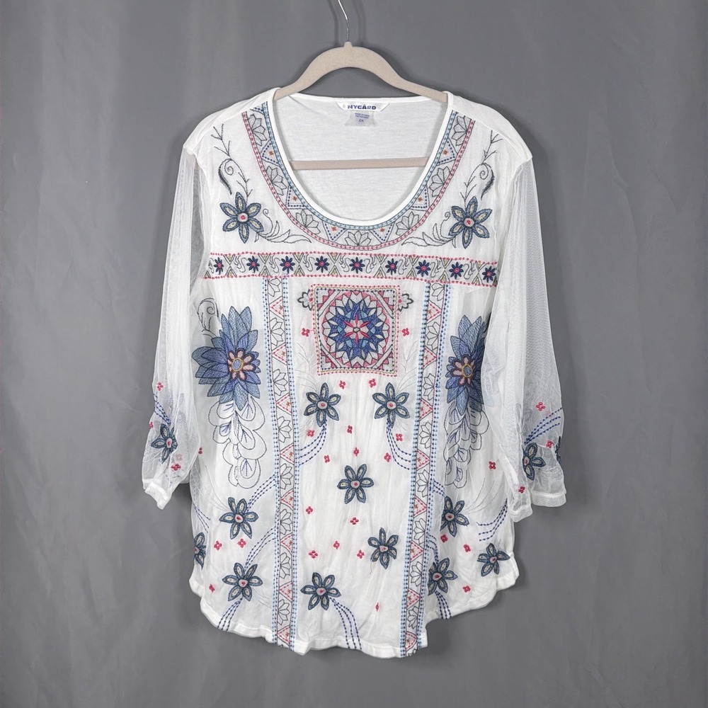 Nygard Top Womens 2X White Floral Embroidered Mesh Boho Tunic Sheer 3/4 Sleeve